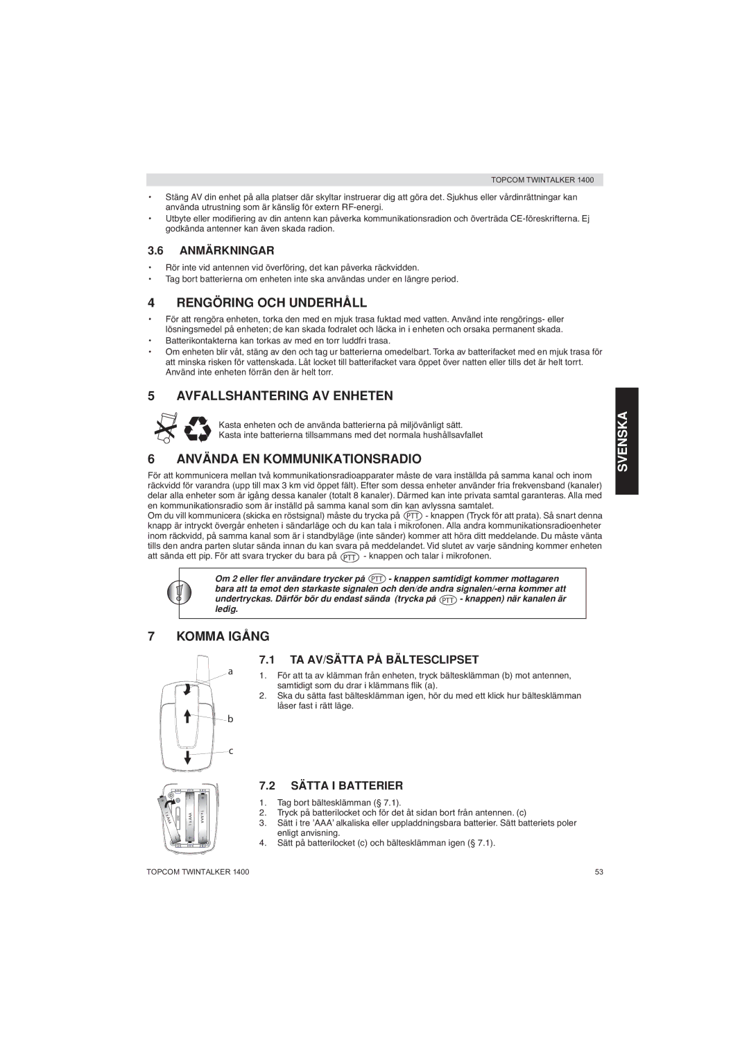 Topcom 1400 manual Rengöring OCH Underhåll, Avfallshantering AV Enheten, Använda EN Kommunikationsradio, Komma Igång 