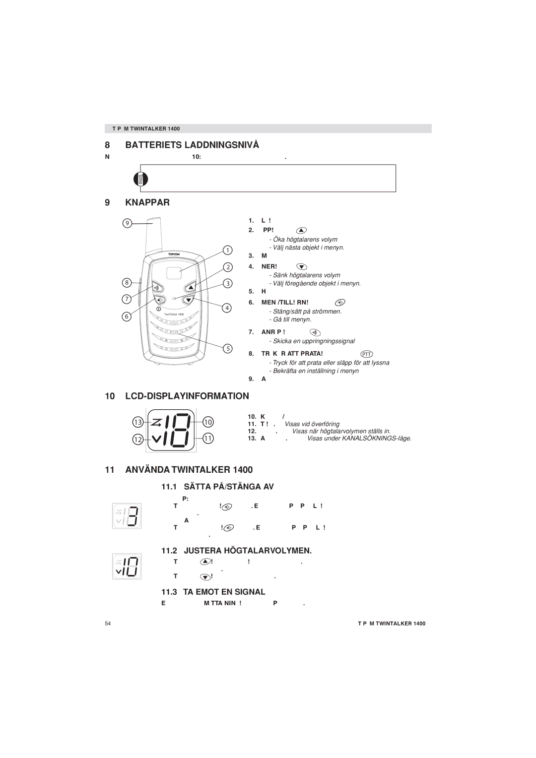 Topcom 1400 manual Batteriets Laddningsnivå, Knappar, Lcd-Displayinformation, 11 Använda Twintalker 