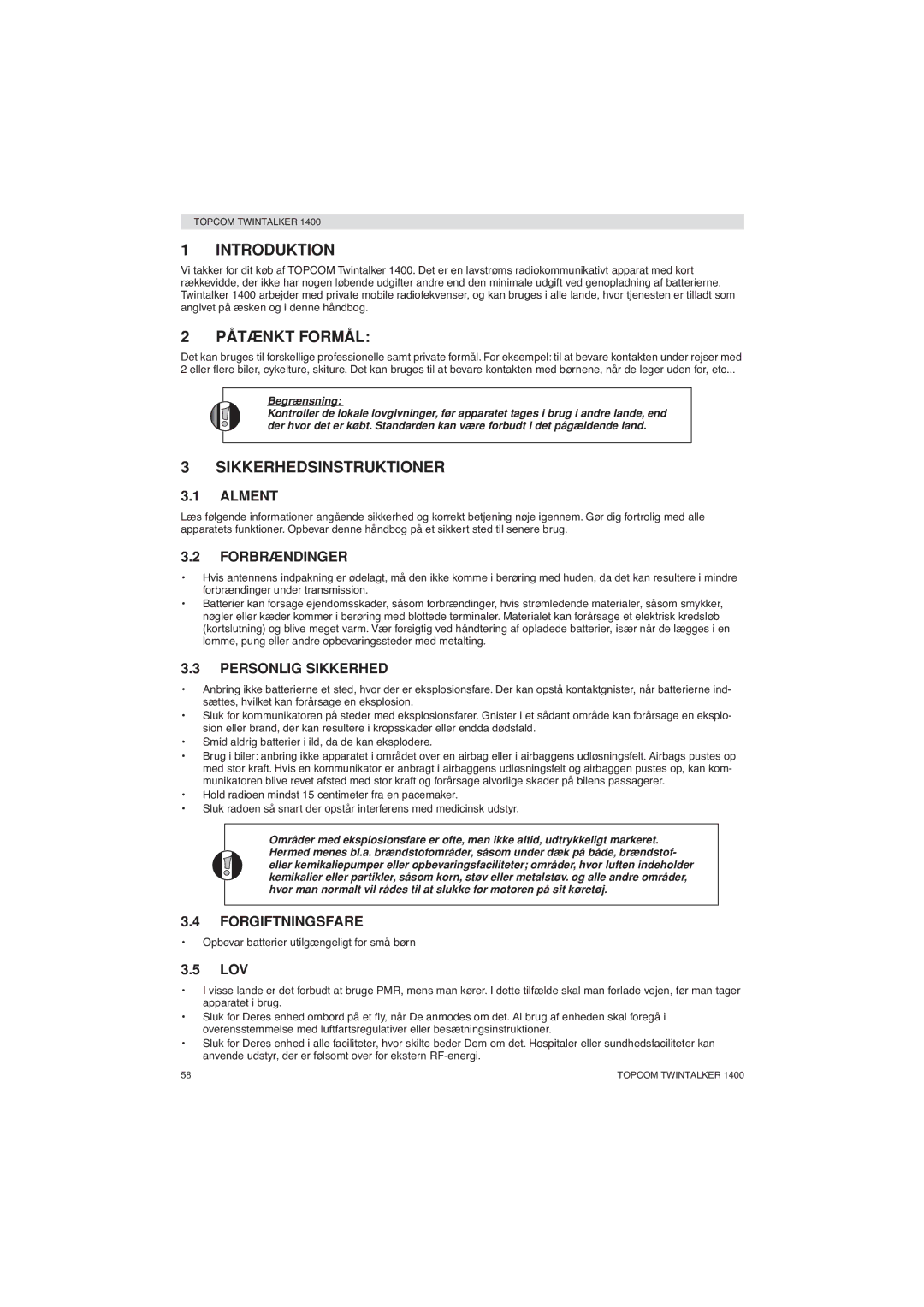 Topcom 1400 manual Introduktion, Påtænkt Formål, Sikkerhedsinstruktioner 