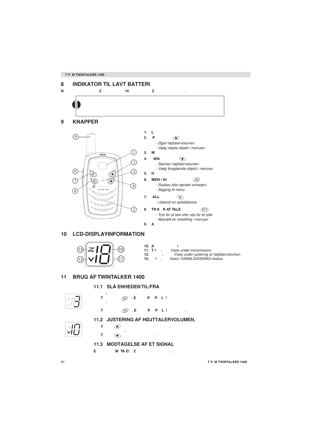 Topcom 1400 manual Indikator TIL Lavt Batteri, Knapper, Brug AF Twintalker 