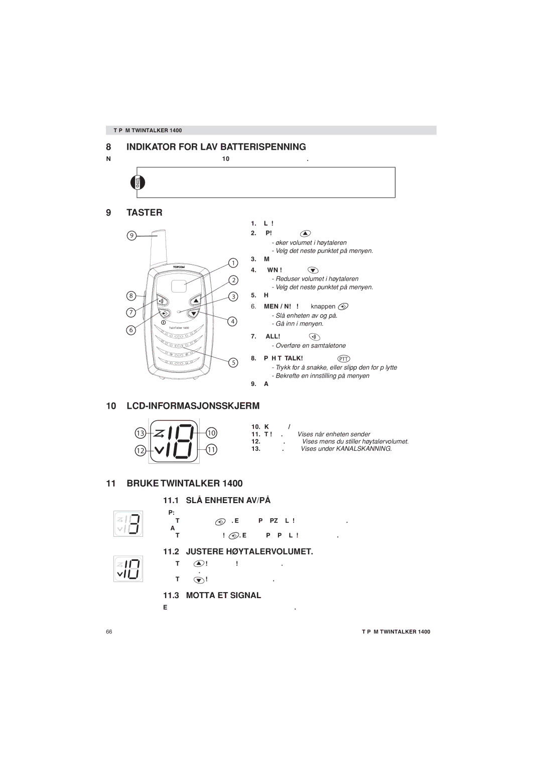 Topcom 1400 manual Indikator for LAV Batterispenning, Taster, Lcd-Informasjonsskjerm, Bruke Twintalker 