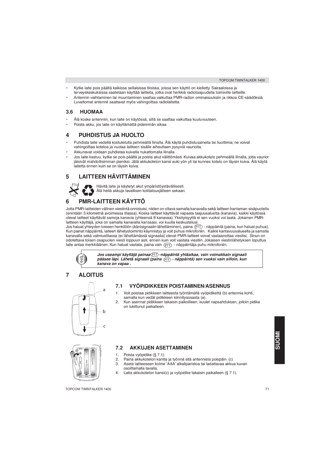 Topcom 1400 manual Puhdistus JA Huolto, Laitteen Hävittäminen, PMR-LAITTEEN Käyttö, Aloitus 