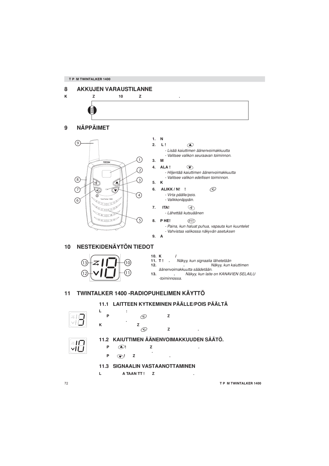 Topcom manual Akkujen Varaustilanne, Näppäimet, Nestekidenäytön Tiedot, Twintalker 1400 -RADIOPUHELIMEN Käyttö 