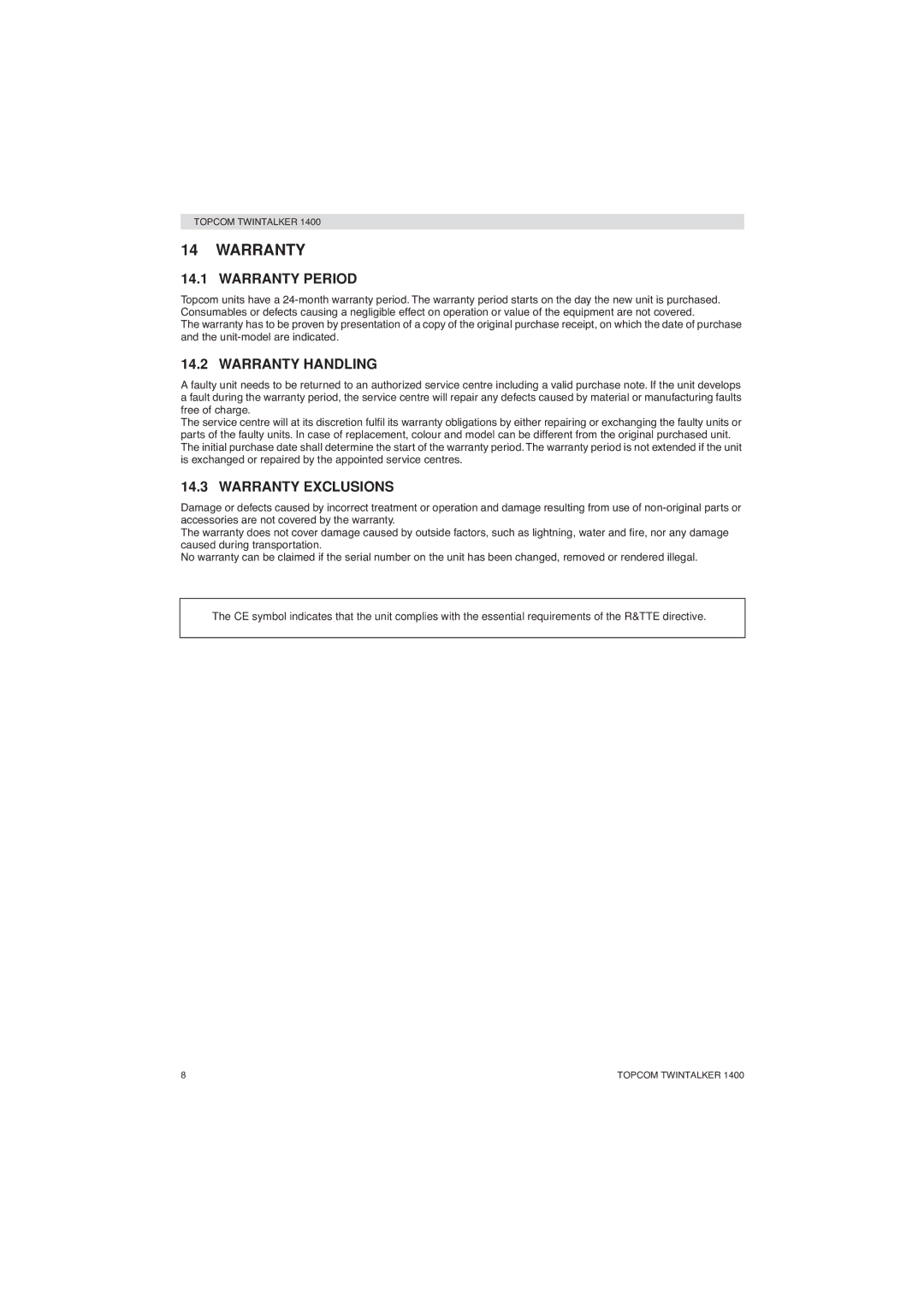 Topcom 1400 manual Warranty Period, Warranty Handling, Warranty Exclusions 