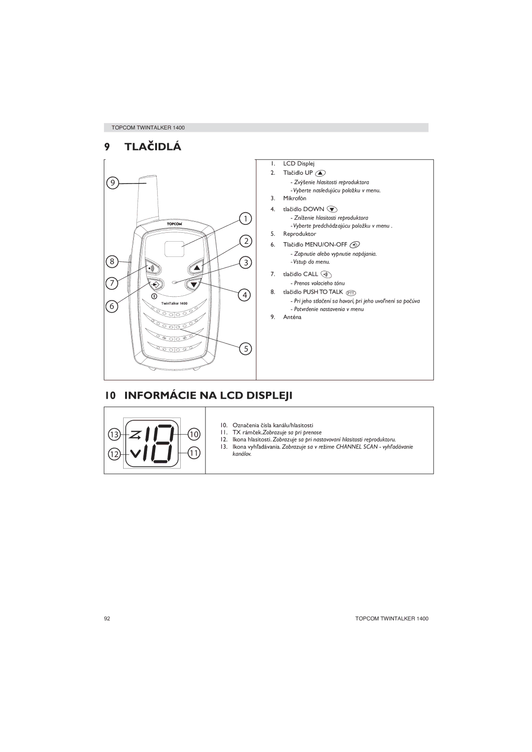 Topcom 1400 manual Informácie NA LCD Displeji 