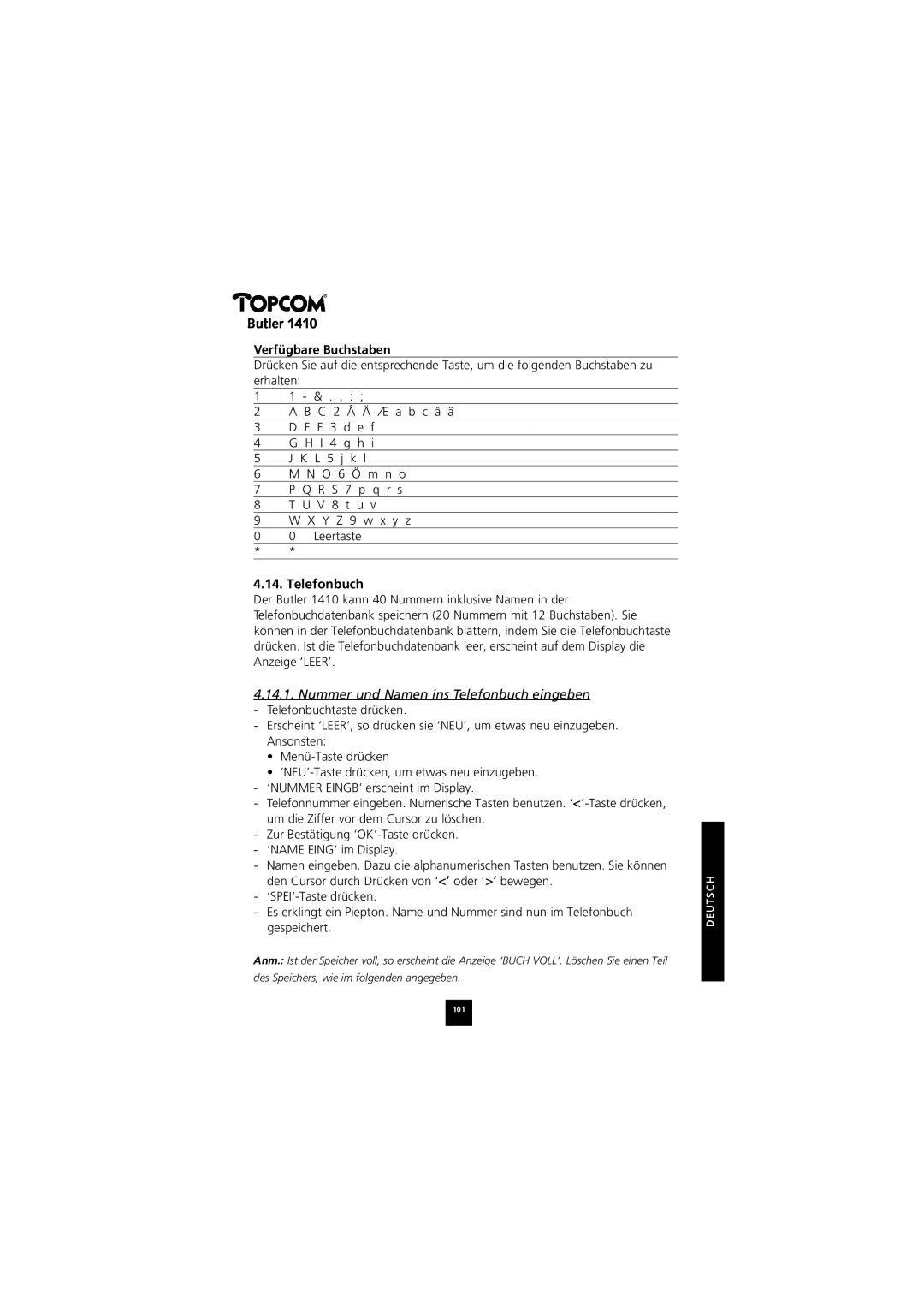 Topcom 1410 manual Verfügbare Buchstaben, Nummer und Namen ins Telefonbuch eingeben 