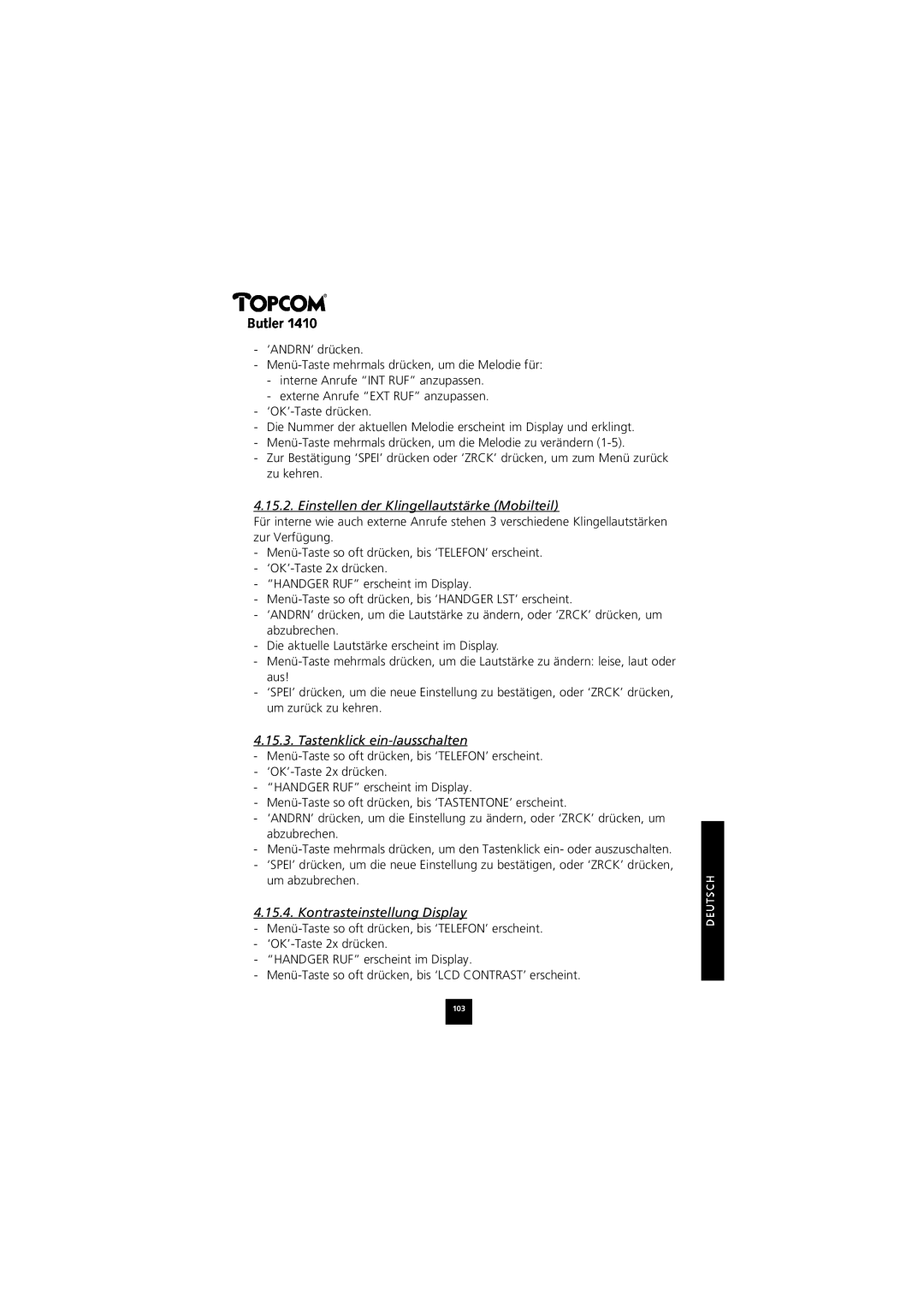 Topcom 1410 manual Einstellen der Klingellautstärke Mobilteil, Tastenklick ein-/ausschalten, Kontrasteinstellung Display 