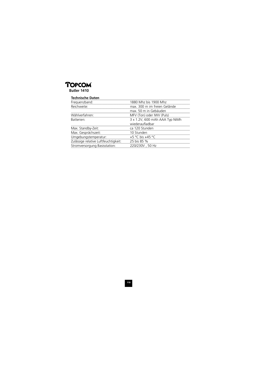 Topcom 1410 manual Technische Daten 