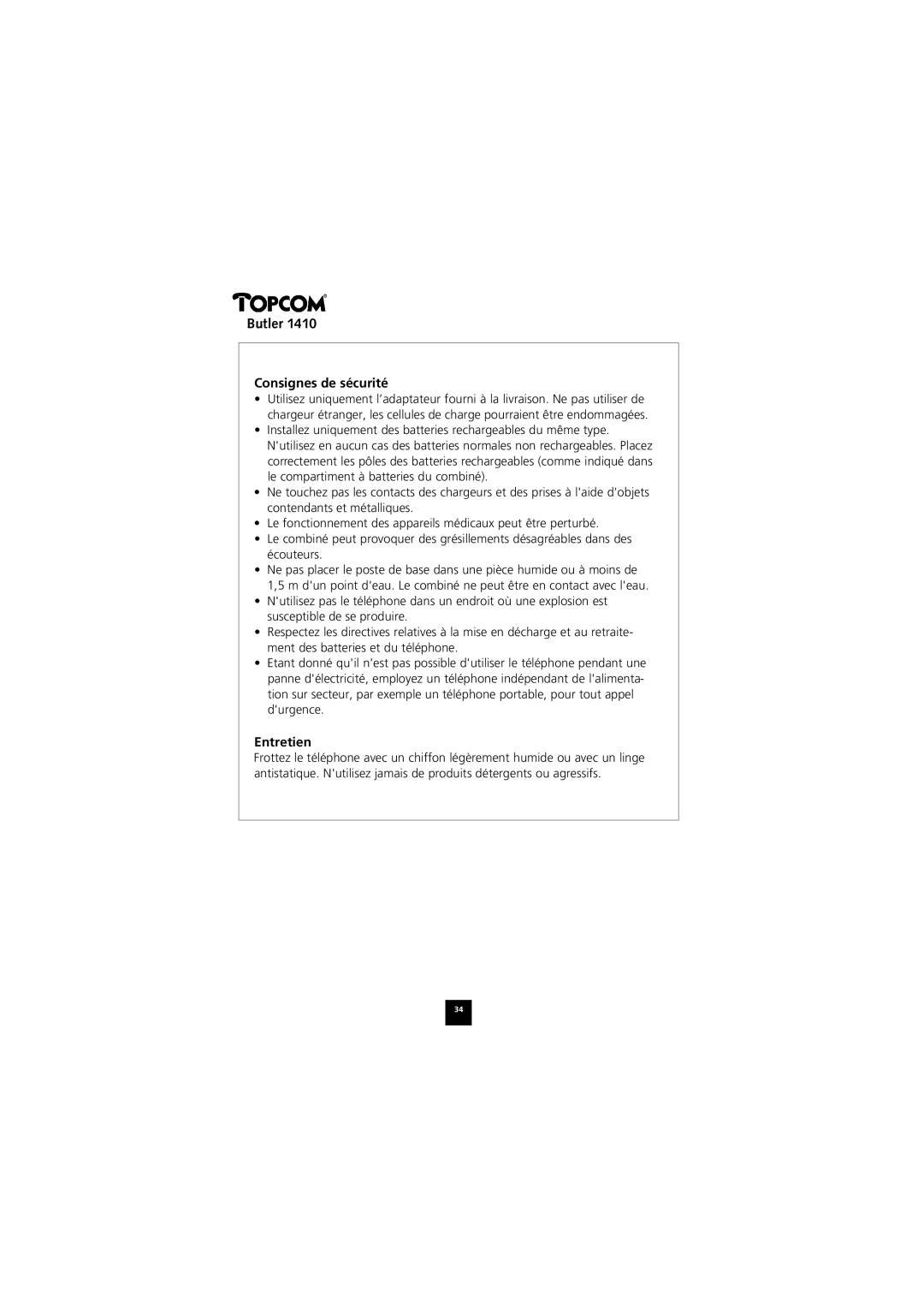 Topcom 1410 manual Consignes de sécurité, Entretien 