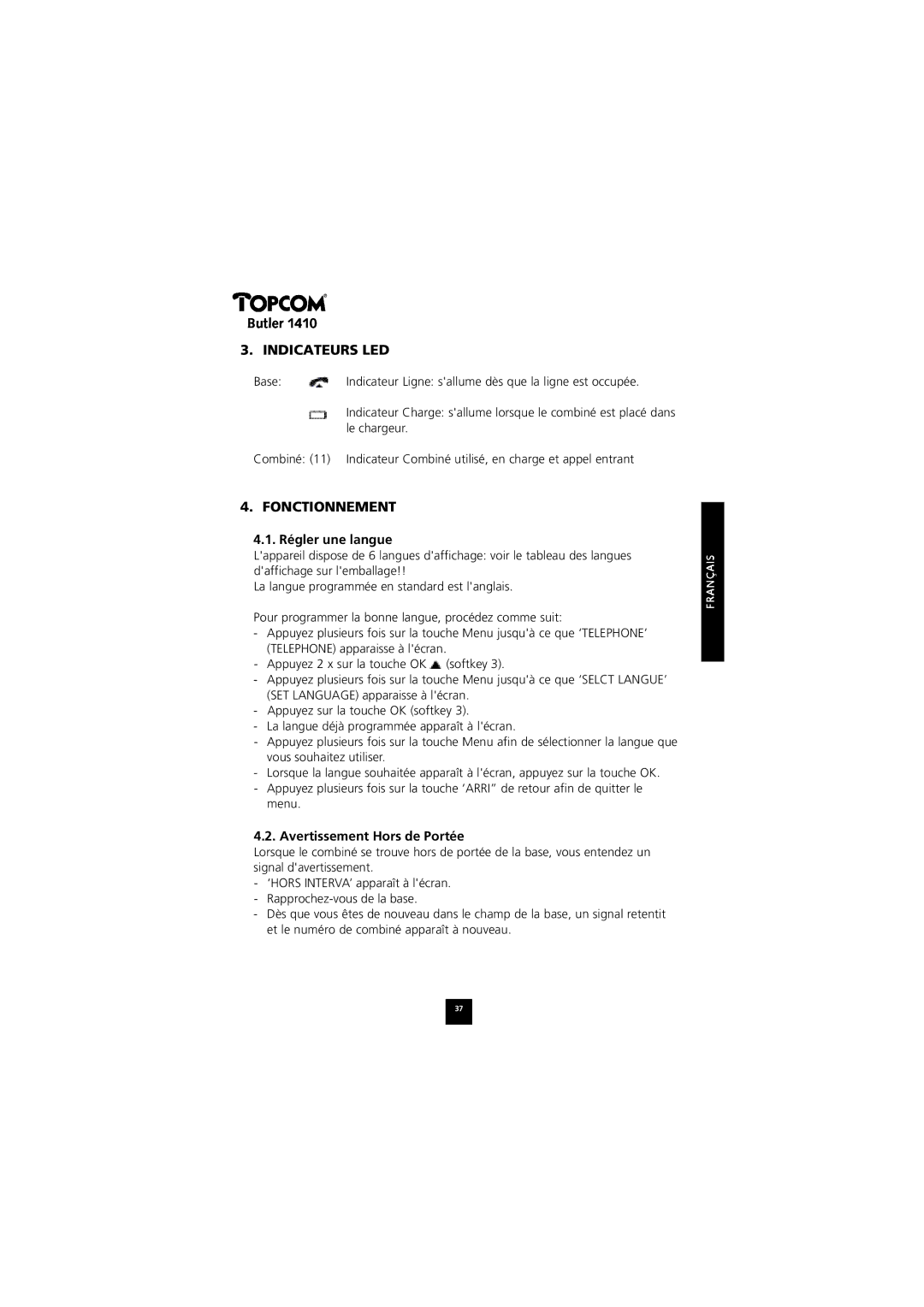 Topcom 1410 manual Indicateurs LED, Fonctionnement, Régler une langue, Avertissement Hors de Portée 