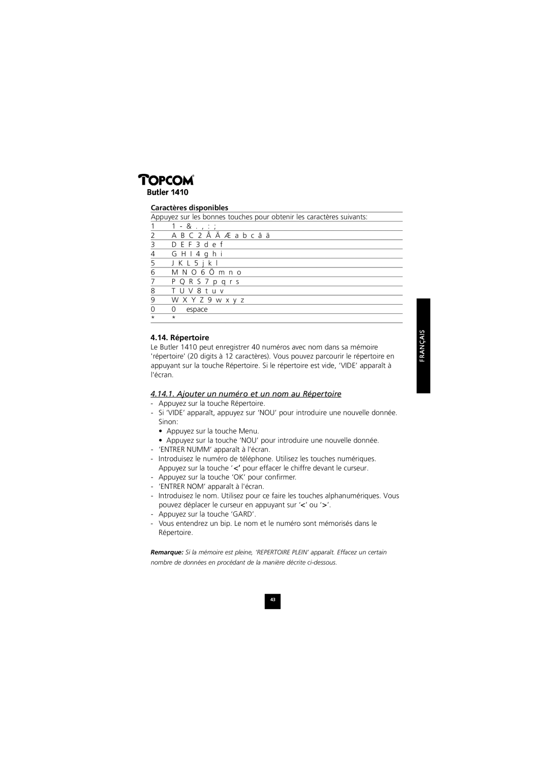 Topcom 1410 manual Caractères disponibles, 14. Répertoire, Ajouter un numéro et un nom au Répertoire 