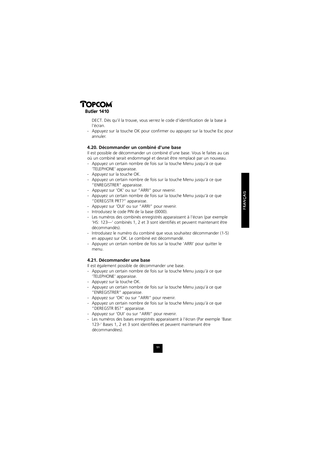 Topcom 1410 manual 20. Décommander un combiné d’une base, 21. Décommander une base 