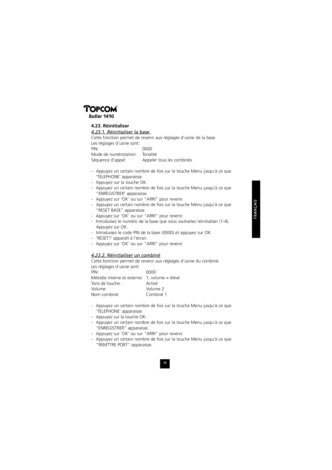 Topcom 1410 manual 23. Réinitialiser, 23.1. Réinitialiser la base, 23.2. Réinitialiser un combiné 