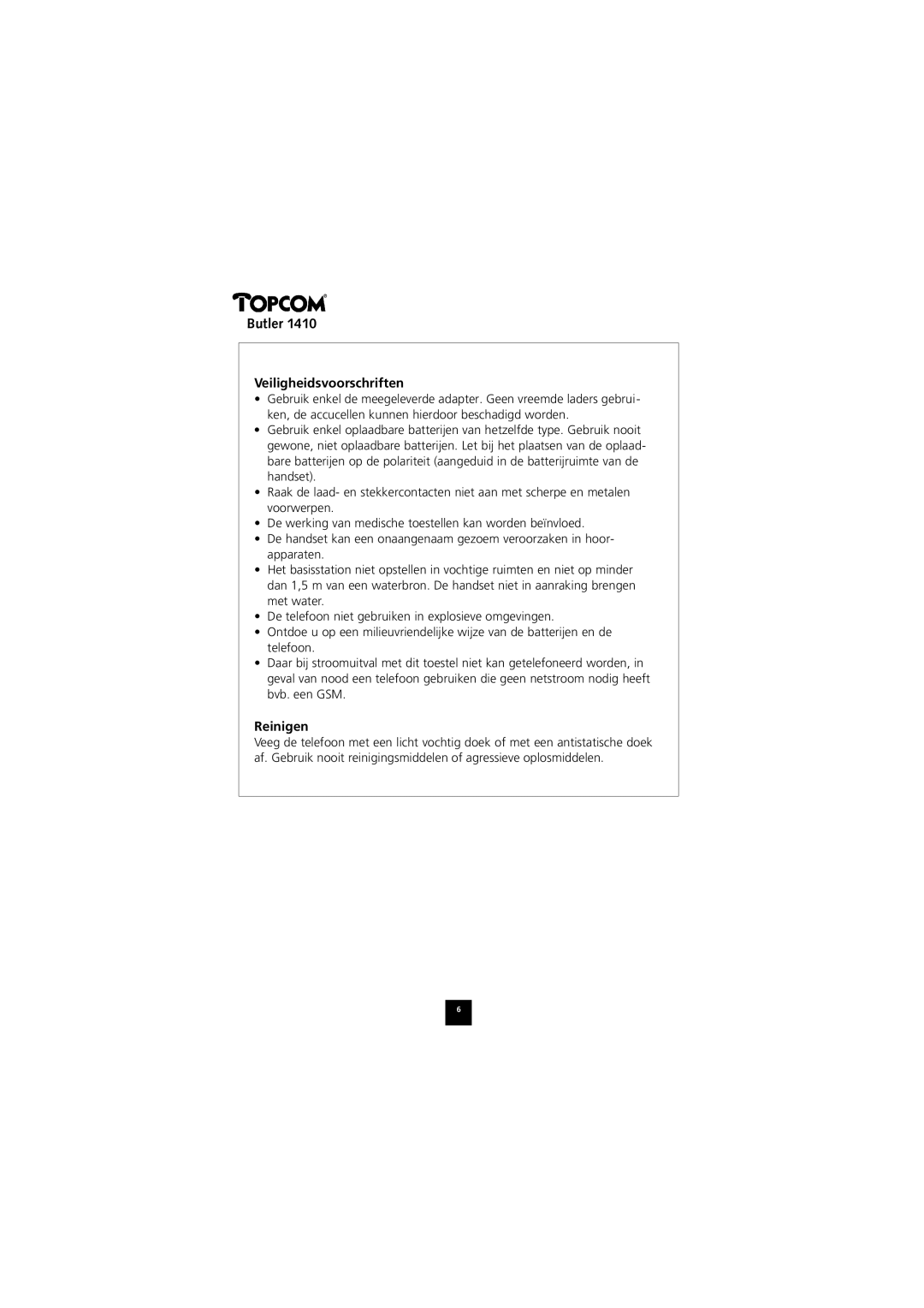 Topcom 1410 manual Veiligheidsvoorschriften, Reinigen 