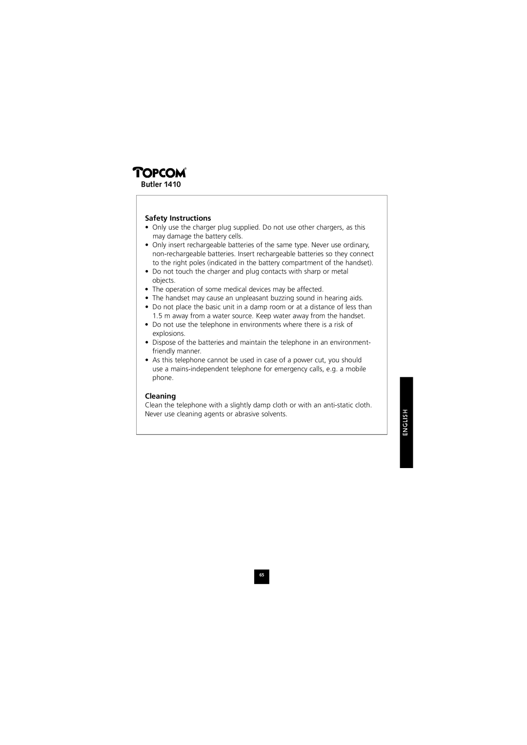 Topcom 1410 manual Safety Instructions, Cleaning 