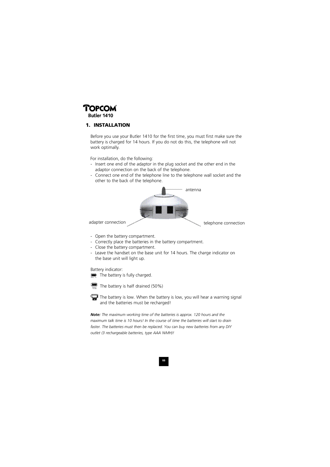 Topcom 1410 manual Telephone connection 