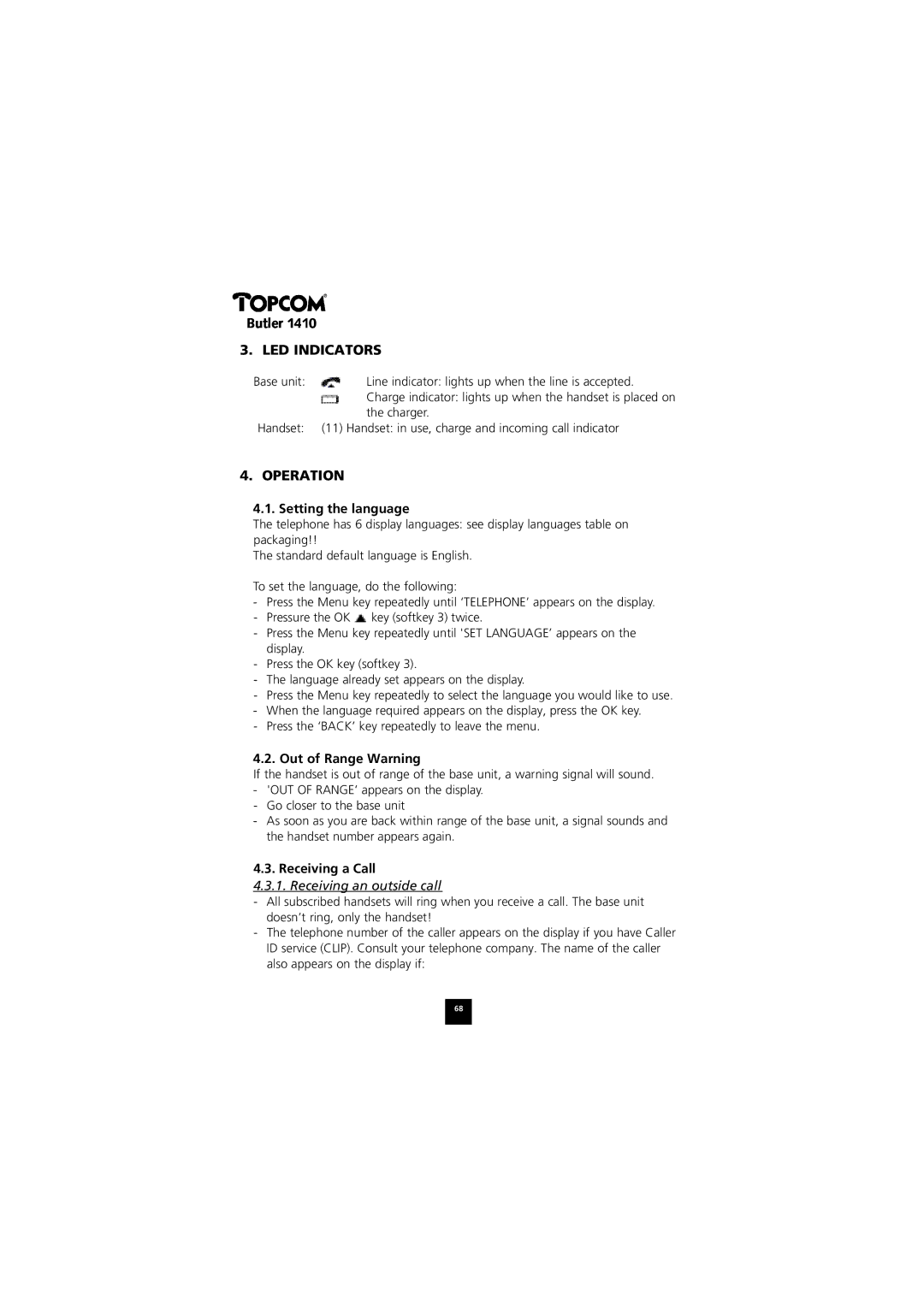 Topcom 1410 manual LED Indicators, Operation, Setting the language, Out of Range Warning, Receiving a Call 