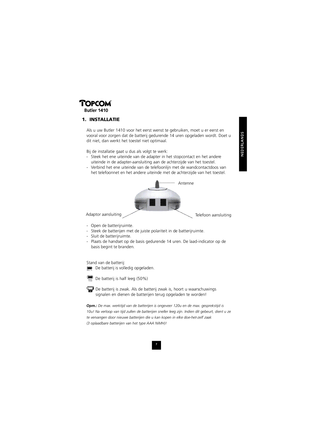 Topcom 1410 manual Installatie 