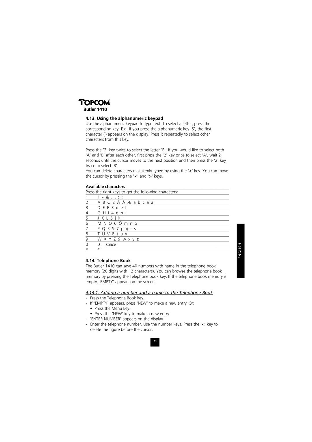 Topcom 1410 manual Using the alphanumeric keypad, Available characters, Telephone Book 