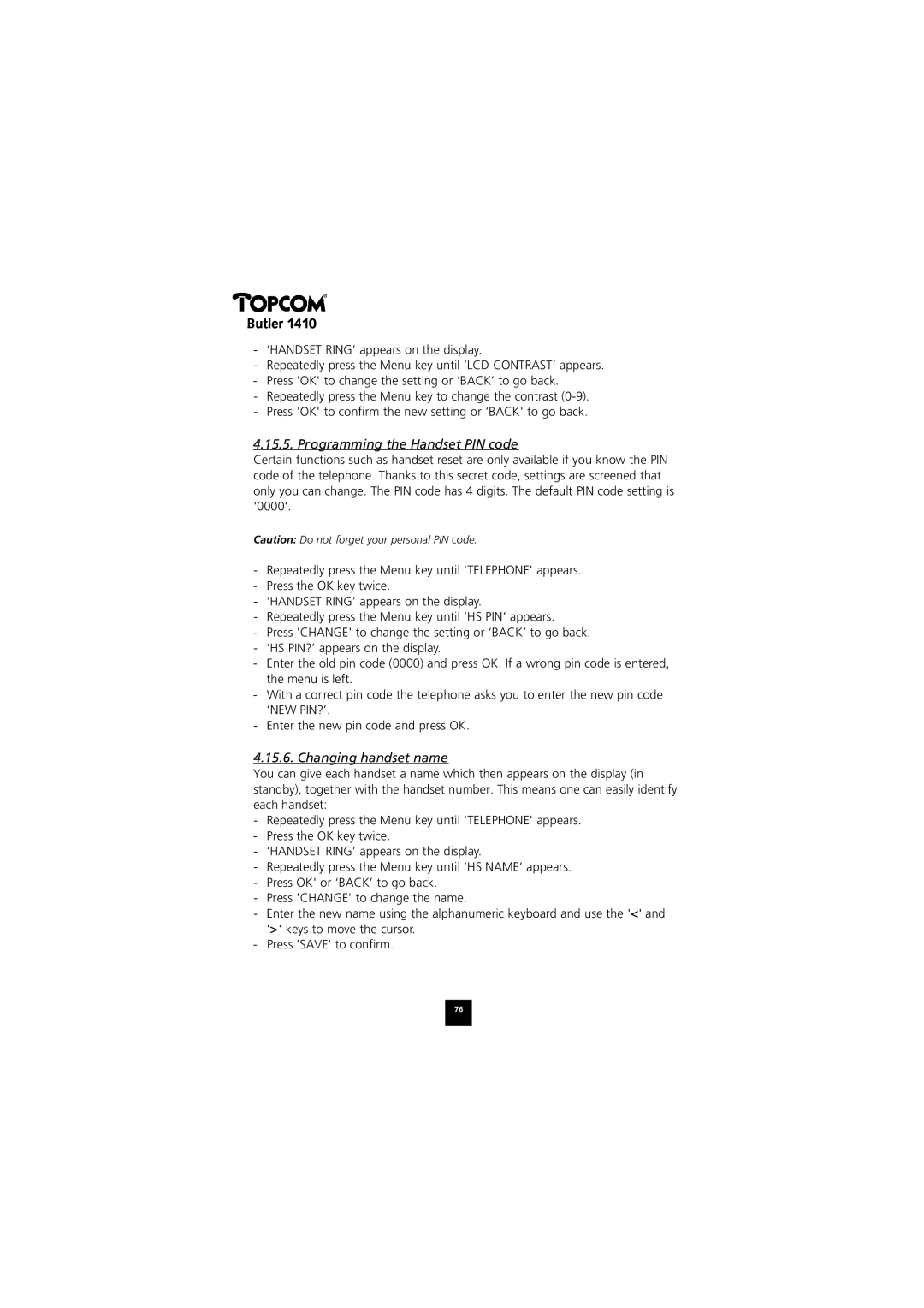 Topcom 1410 manual Programming the Handset PIN code, Changing handset name 