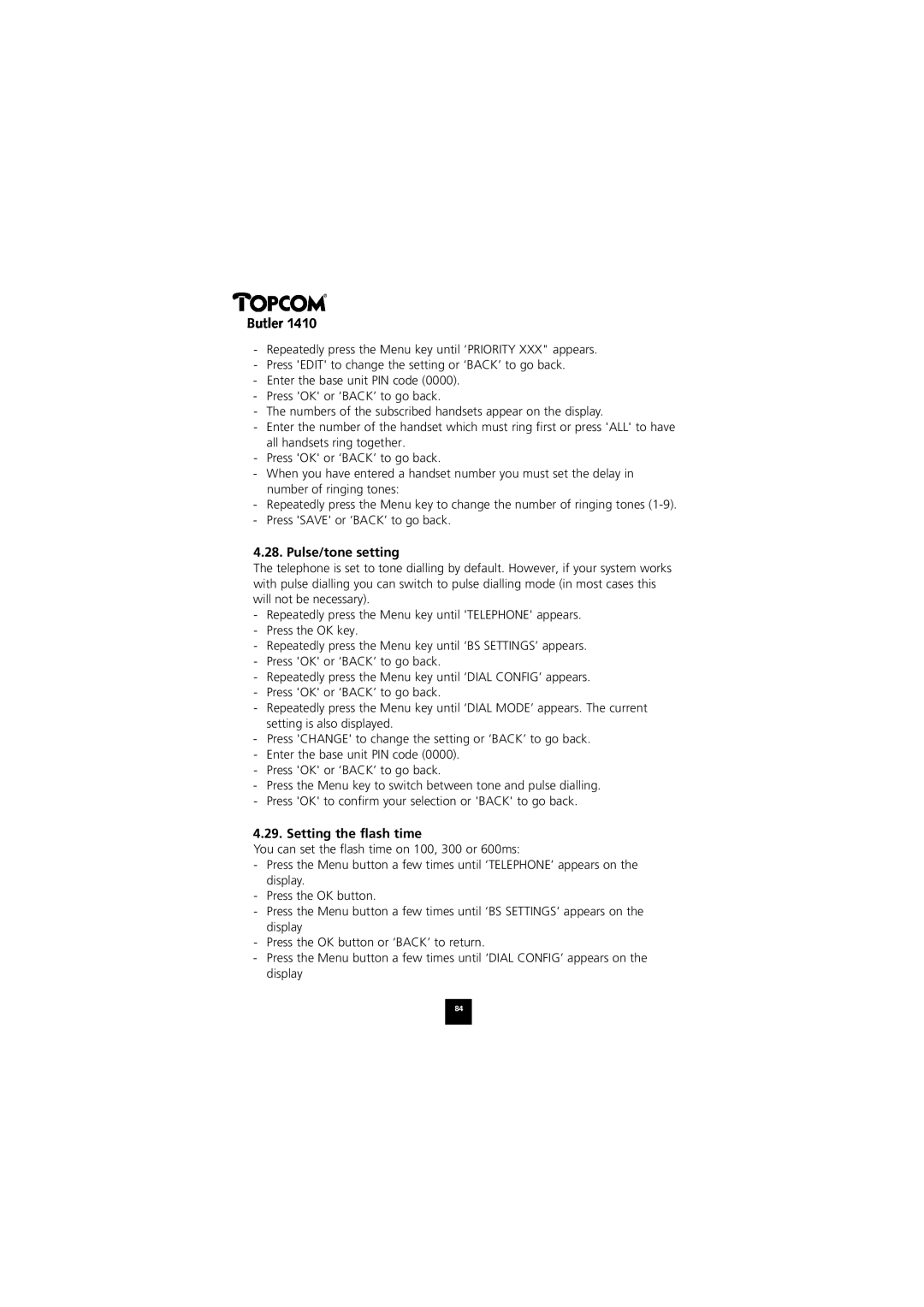 Topcom 1410 manual Pulse/tone setting, Setting the flash time 