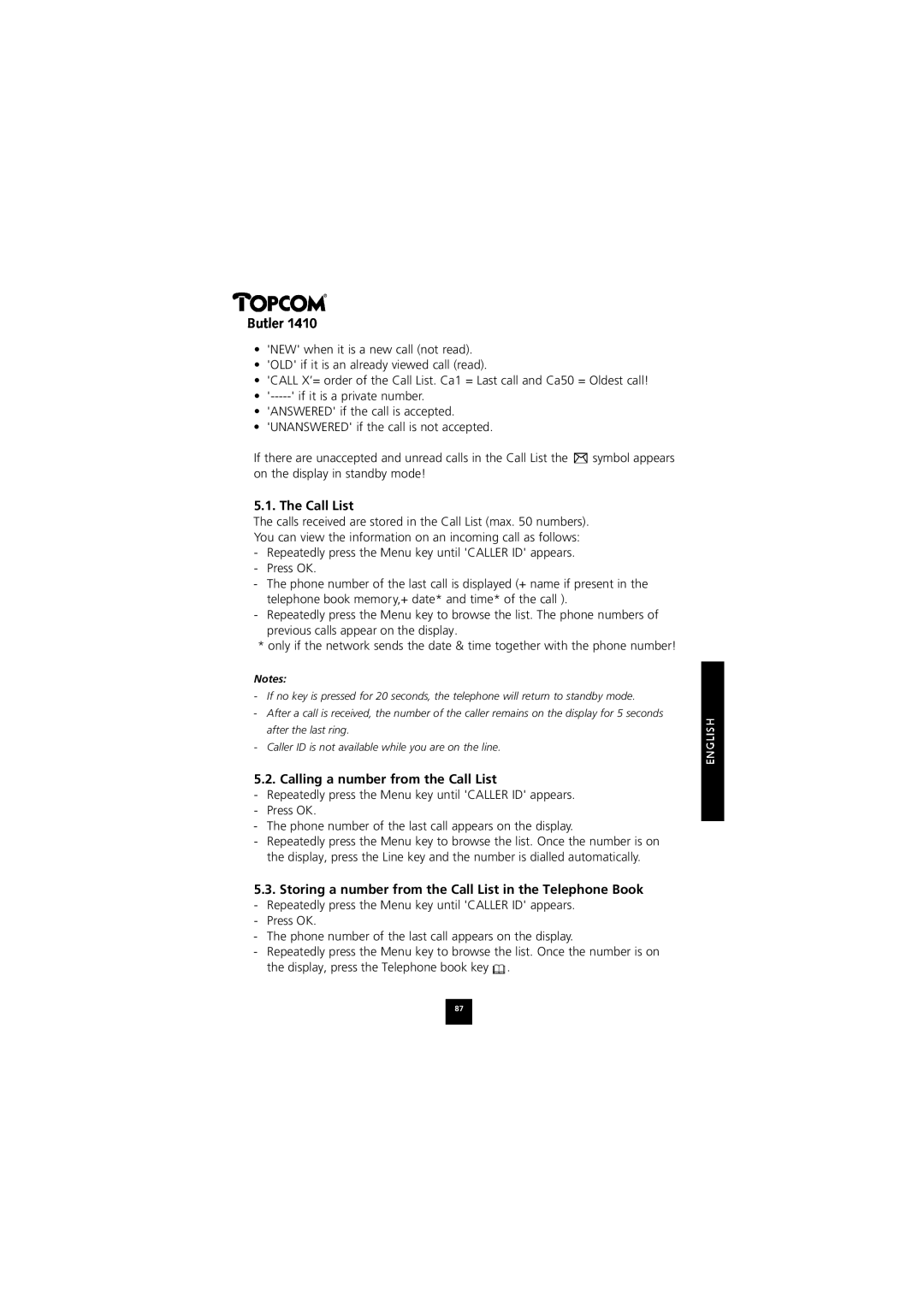 Topcom 1410 manual Calling a number from the Call List, Storing a number from the Call List in the Telephone Book 