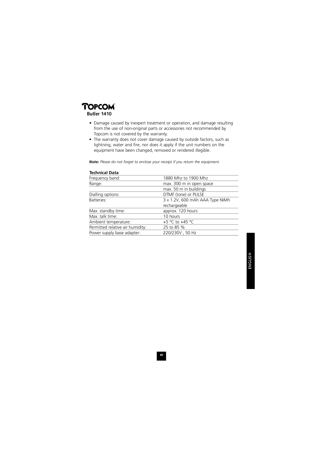 Topcom 1410 manual Technical Data 