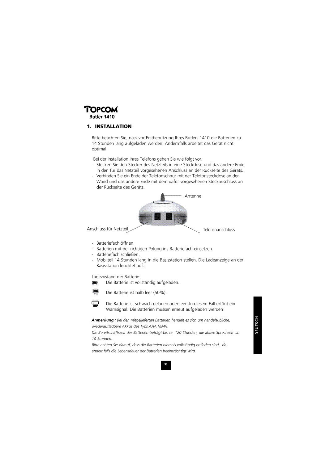 Topcom 1410 manual Telefonanschluss 