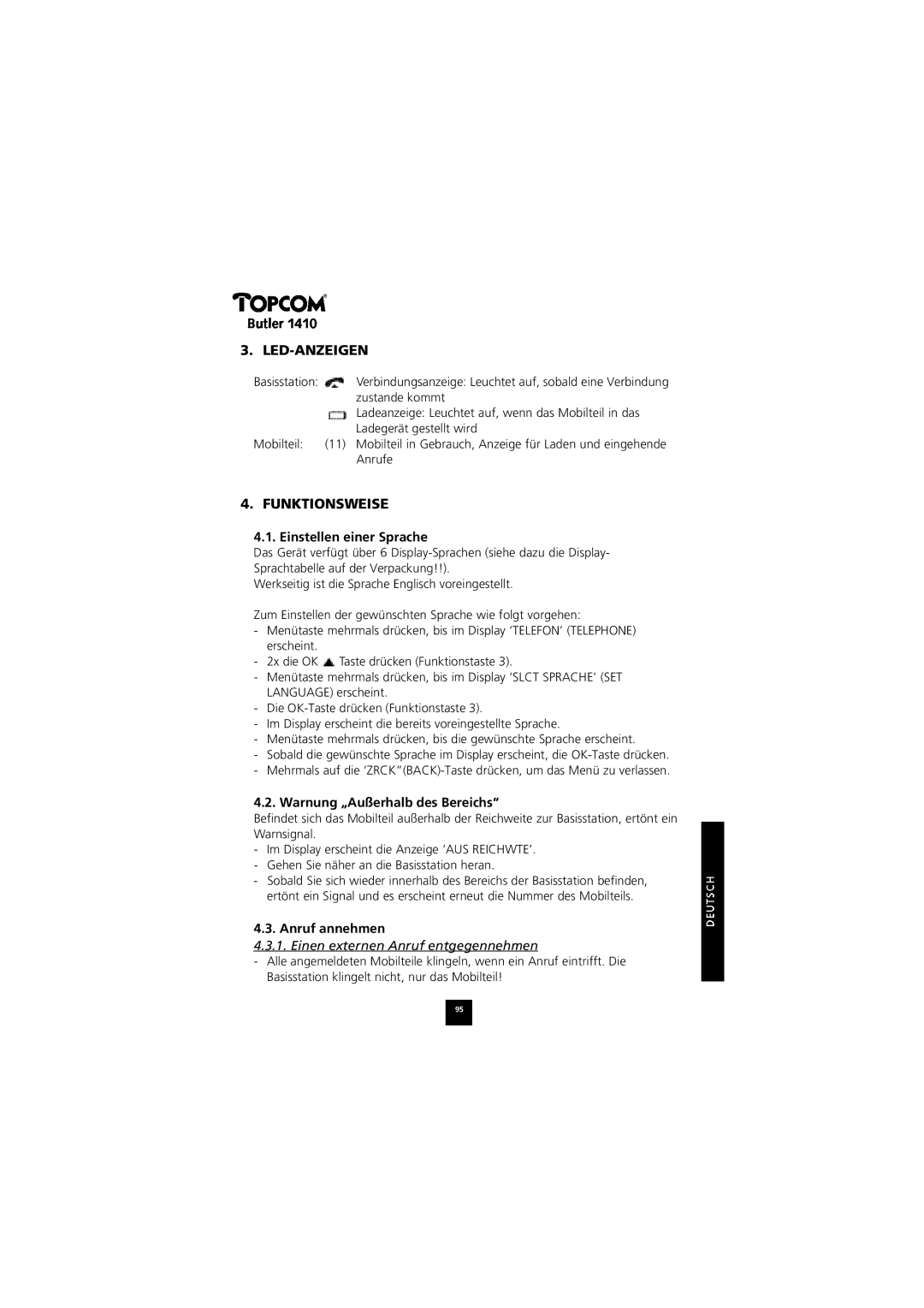 Topcom 1410 manual Led-Anzeigen, Funktionsweise, Einstellen einer Sprache, Warnung „Außerhalb des Bereichs, Anruf annehmen 