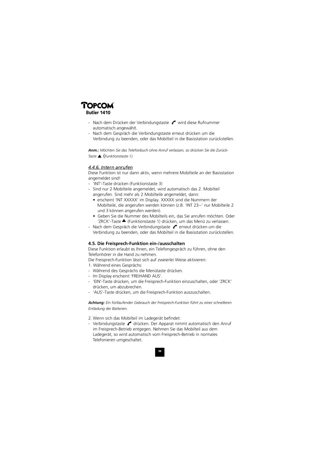 Topcom 1410 manual Intern anrufen, Die Freisprech-Funktion ein-/ausschalten 