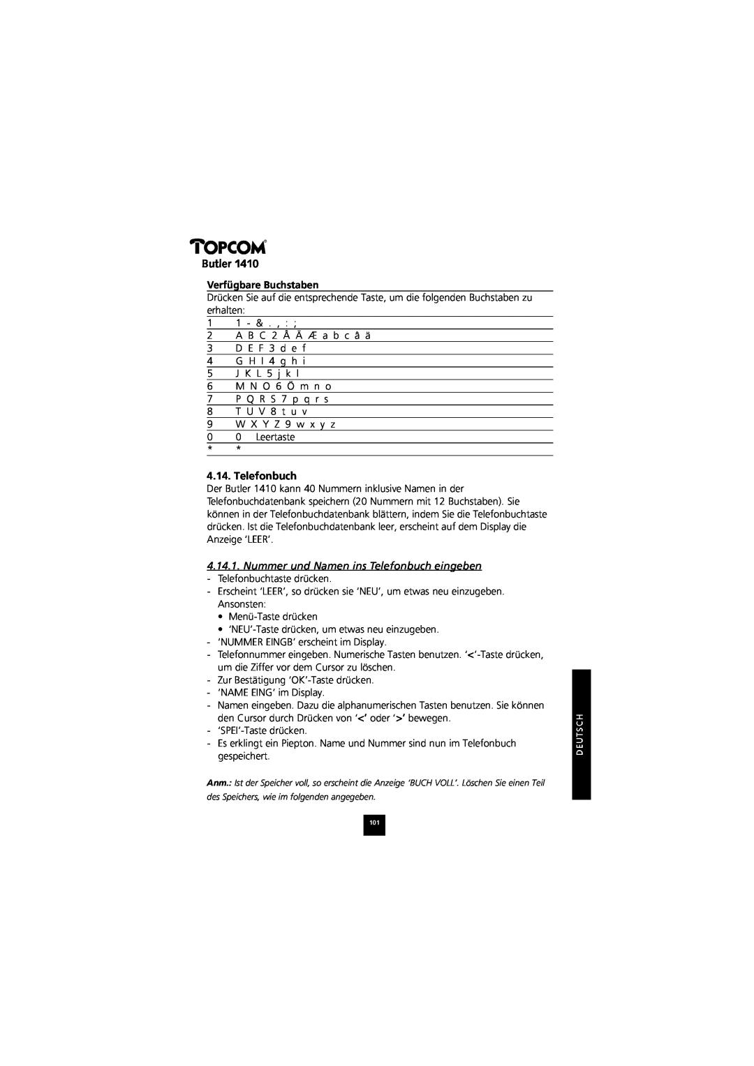 Topcom 1410 manual Verfügbare Buchstaben, Nummer und Namen ins Telefonbuch eingeben, Butler 