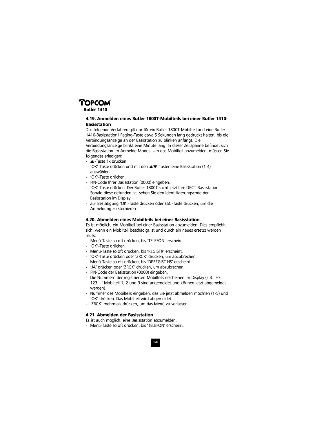 Topcom 1410 manual Abmelden eines Mobilteils bei einer Basisstation, Abmelden der Basisstation, Butler 