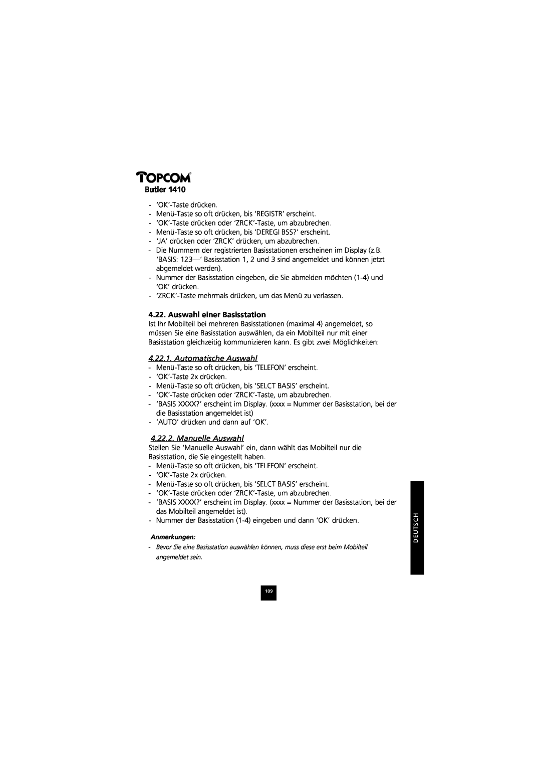 Topcom 1410 manual Auswahl einer Basisstation, Automatische Auswahl, Manuelle Auswahl, Butler 