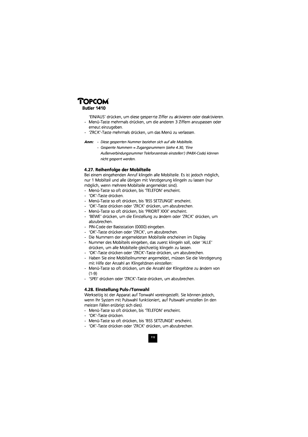 Topcom 1410 manual Reihenfolge der Mobilteile, Einstellung Puls-/Tonwahl, Butler 