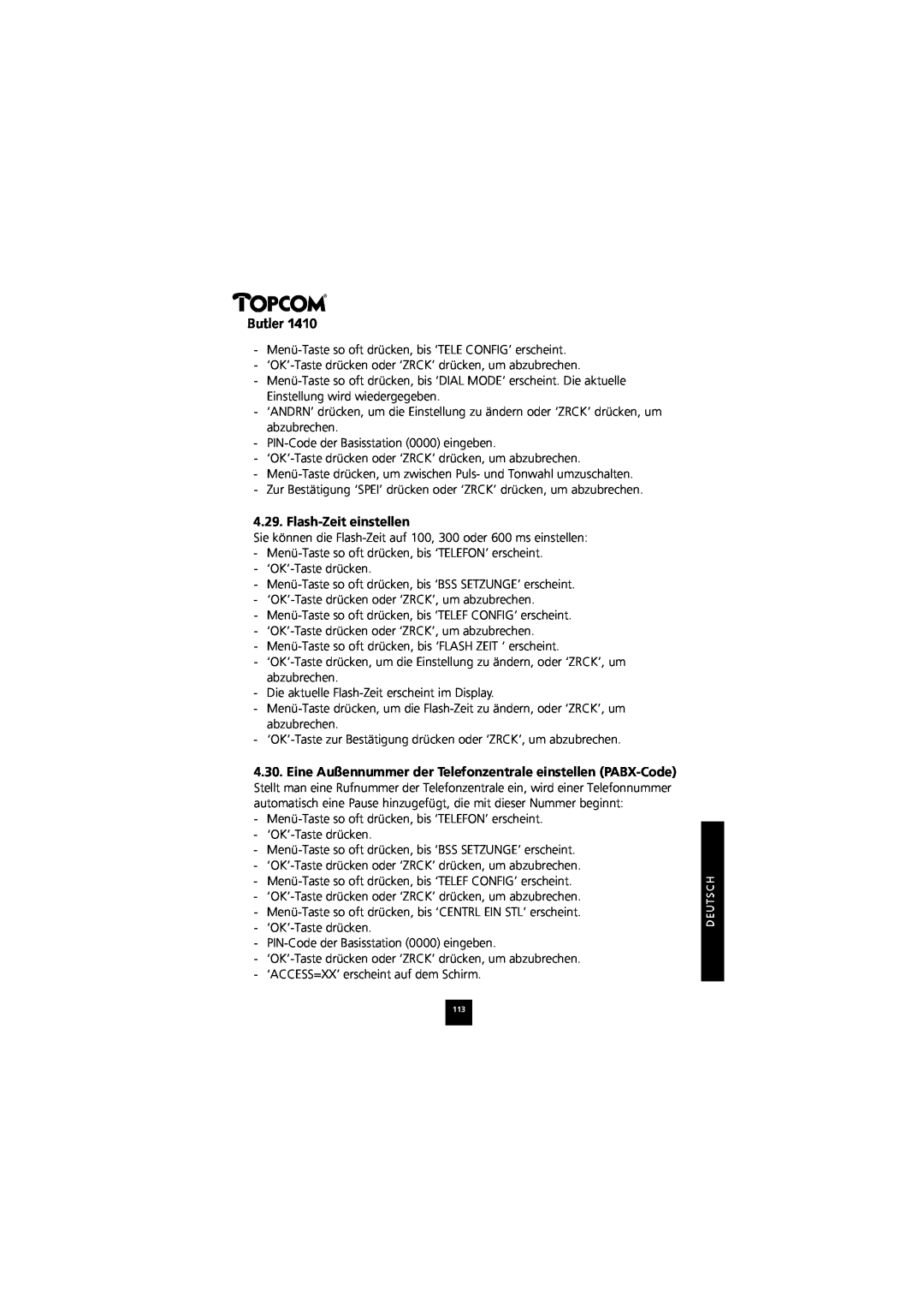 Topcom 1410 manual Flash-Zeit einstellen, Butler 