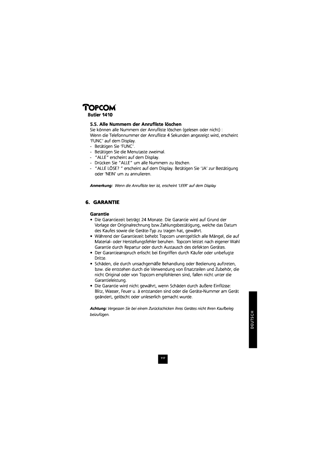Topcom 1410 manual Alle Nummern der Anrufliste löschen, Garantie, Butler 