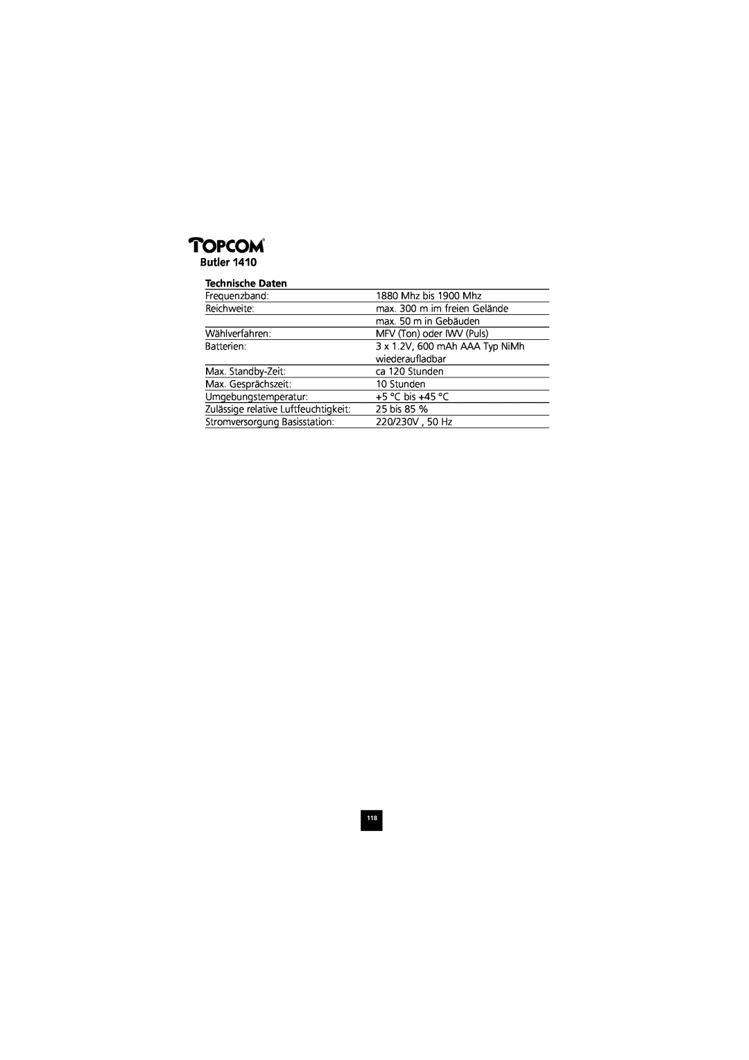 Topcom 1410 manual Technische Daten, Butler 