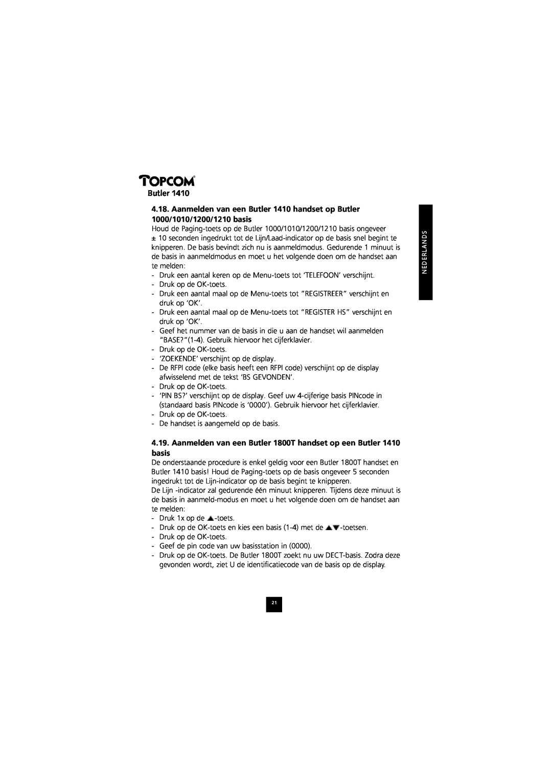 Topcom 1410 manual Aanmelden van een Butler 1800T handset op een Butler basis 