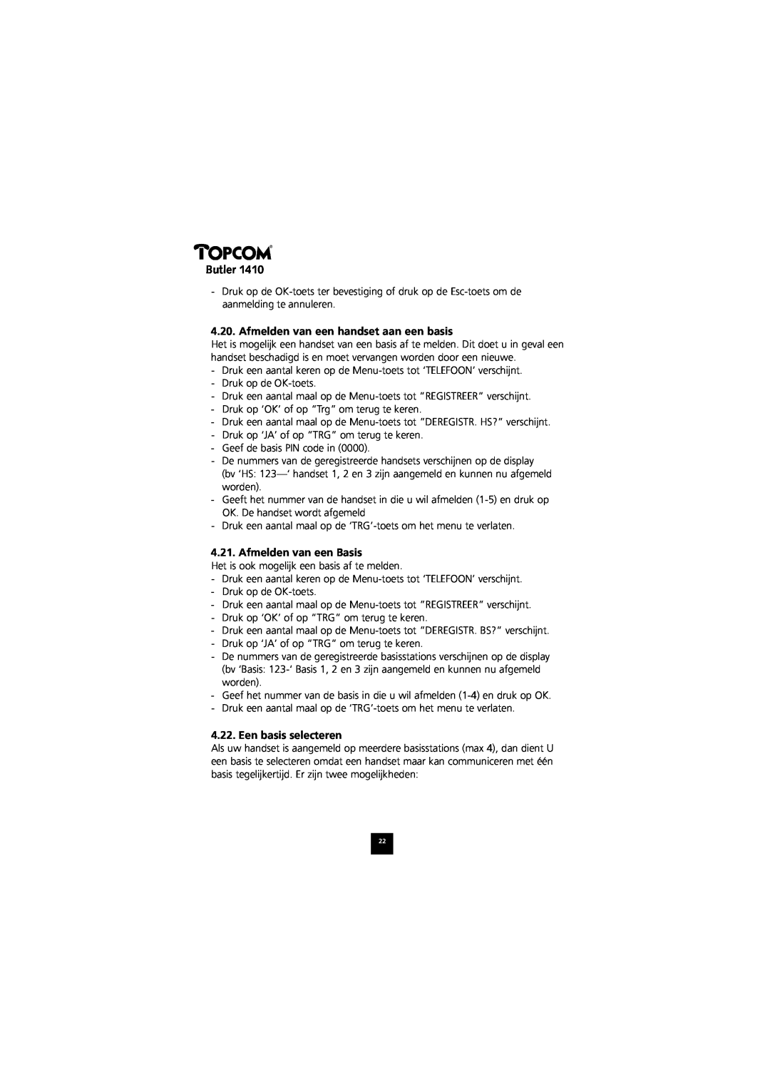 Topcom 1410 manual Afmelden van een handset aan een basis, Afmelden van een Basis, Een basis selecteren, Butler 