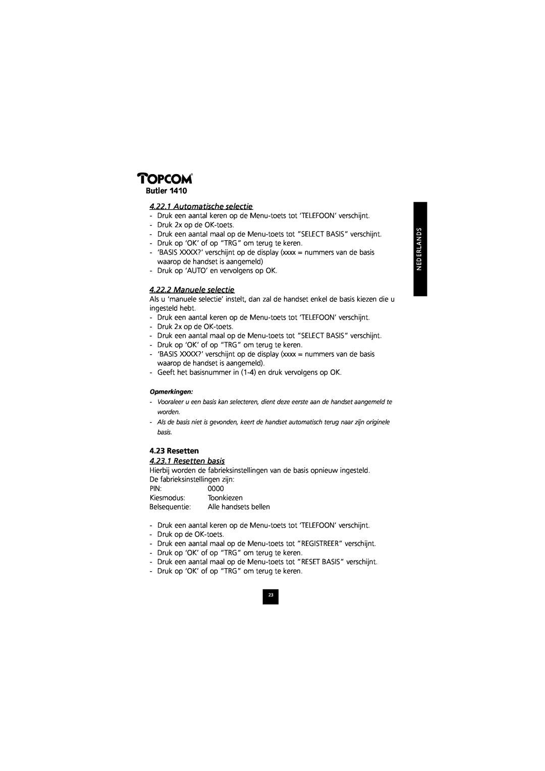 Topcom 1410 manual Automatische selectie, Manuele selectie, Resetten basis, Butler 