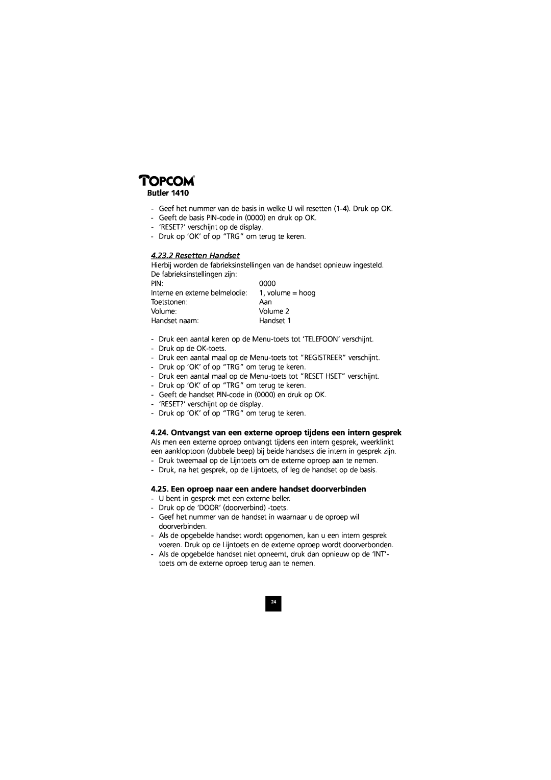 Topcom 1410 manual Resetten Handset, Een oproep naar een andere handset doorverbinden, Butler 