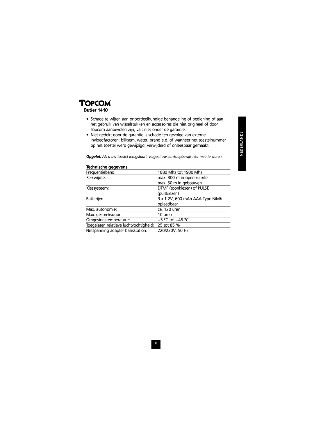 Topcom 1410 manual Technische gegevens, Butler 
