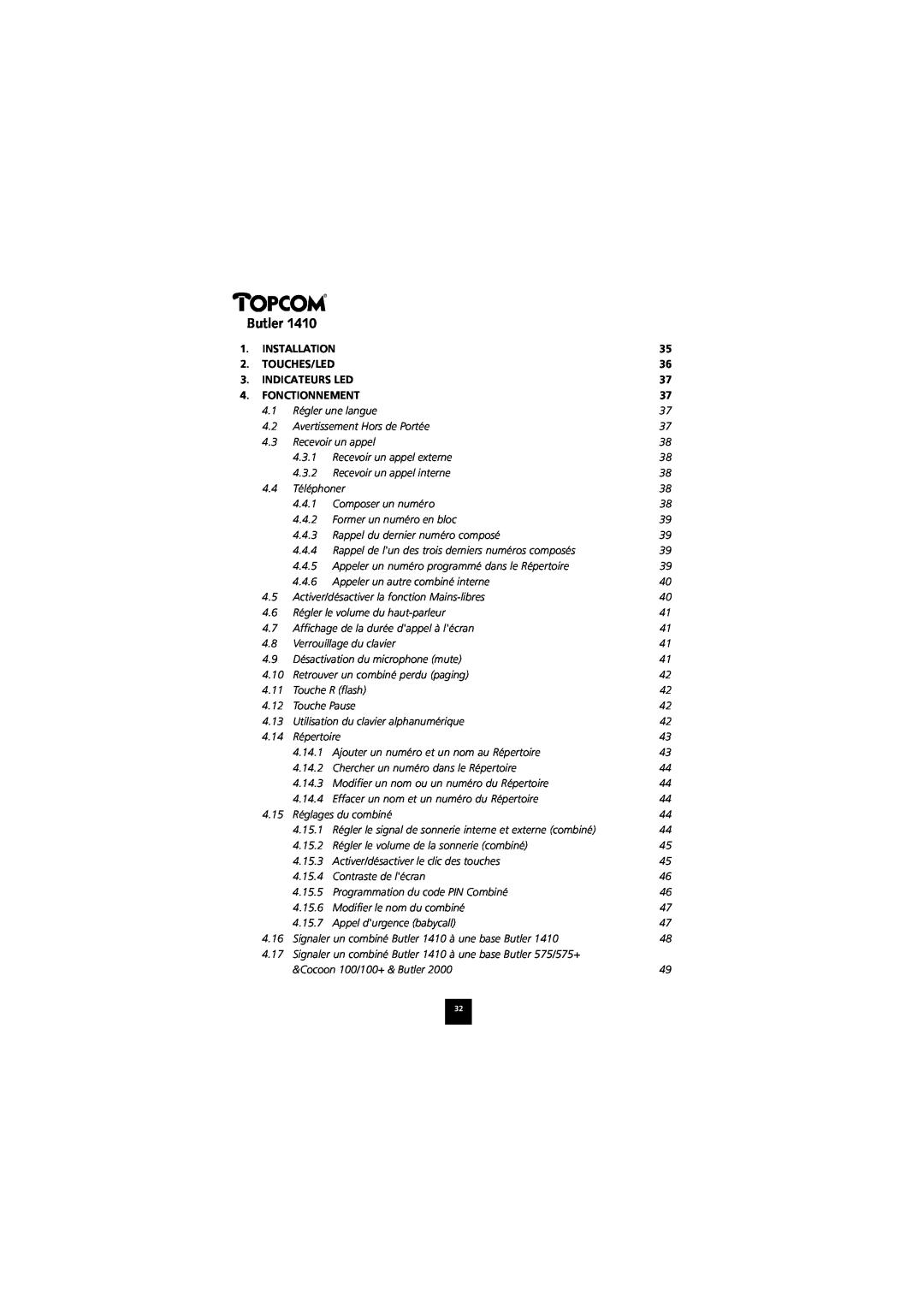 Topcom 1410 manual Butler, Installation, Touches/Led, Indicateurs Led, Fonctionnement 