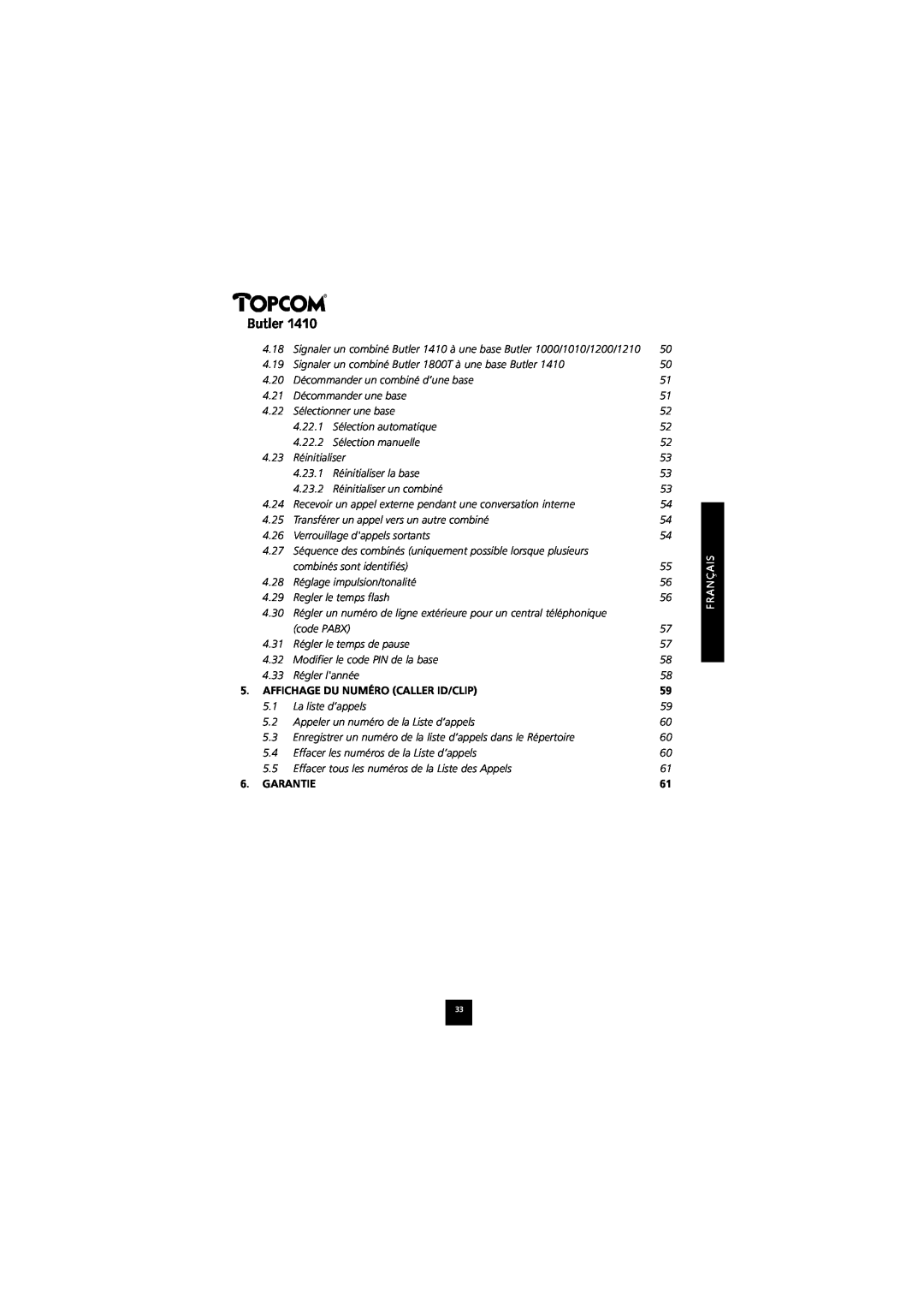 Topcom 1410 manual Butler, Affichage Du Numéro Caller Id/Clip, Garantie 