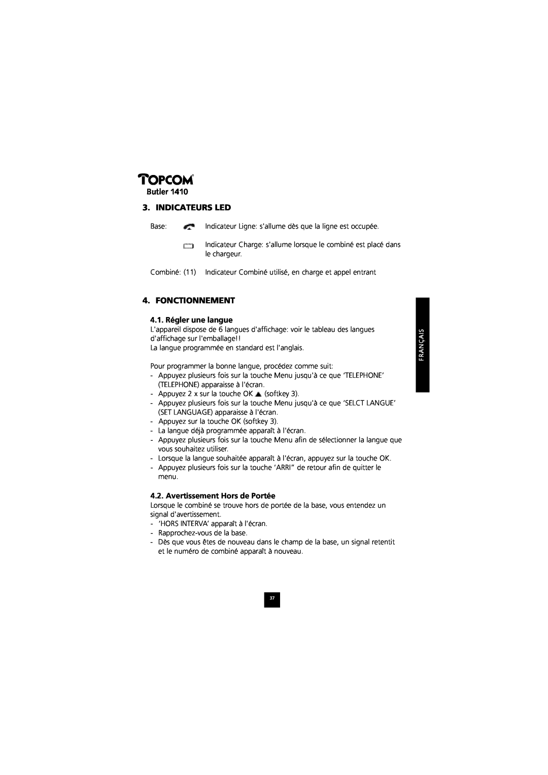 Topcom 1410 manual Butler 3. INDICATEURS LED, Fonctionnement, 4.1. Régler une langue, Avertissement Hors de Portée 