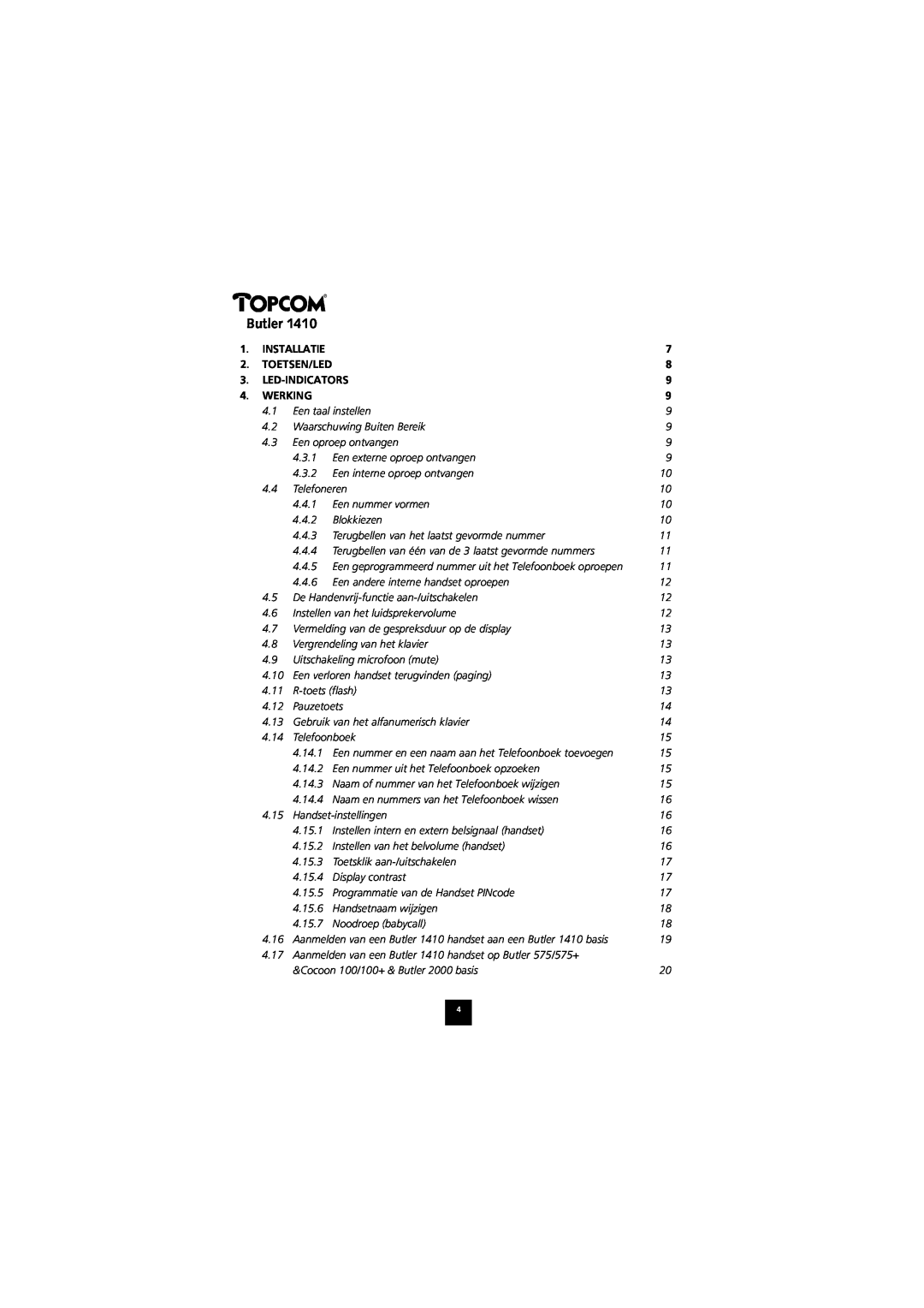 Topcom 1410 manual Butler, Installatie, Led-Indicators, Werking 