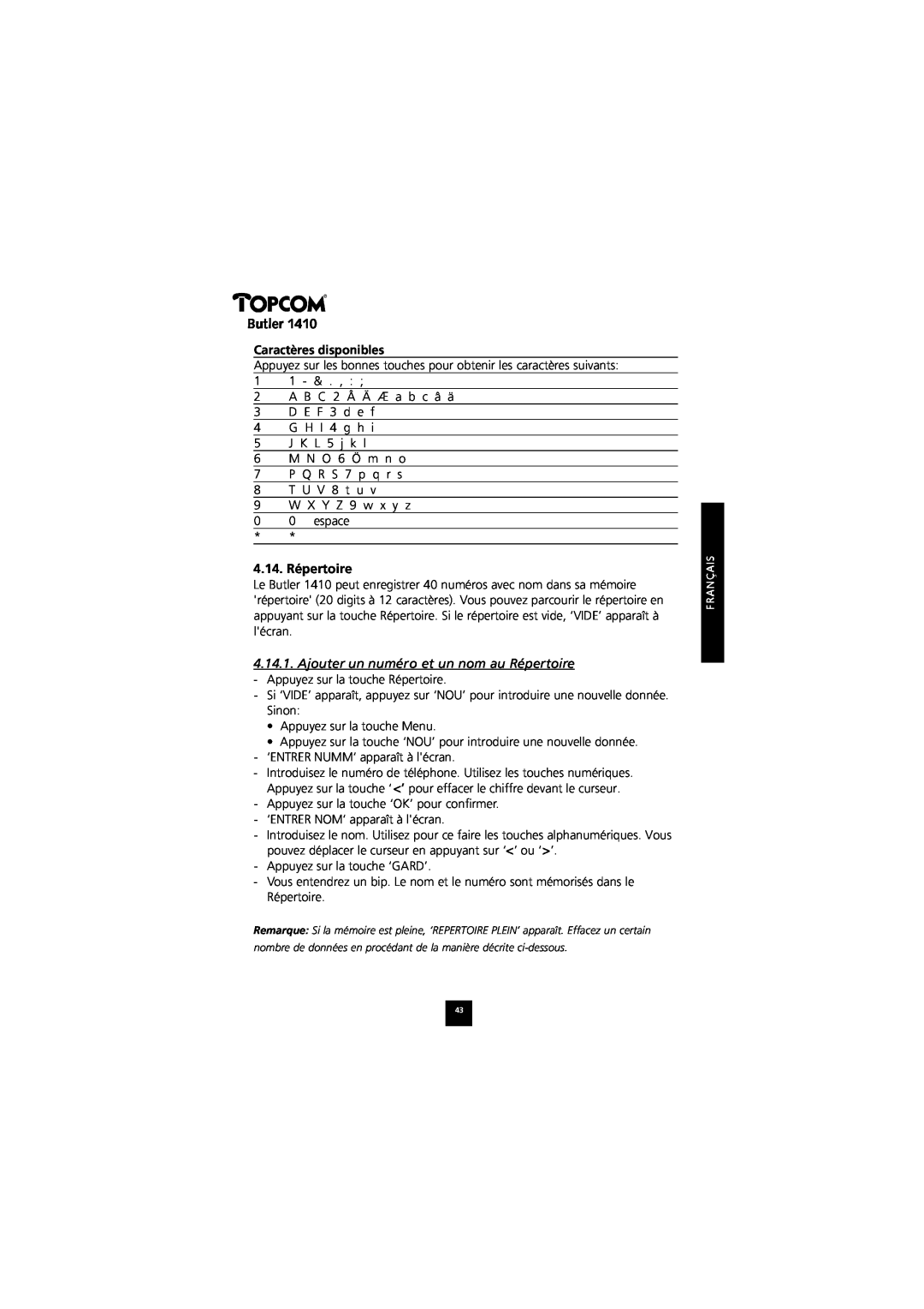 Topcom 1410 manual Caractères disponibles, 4.14. Répertoire, Ajouter un numéro et un nom au Répertoire, Butler 