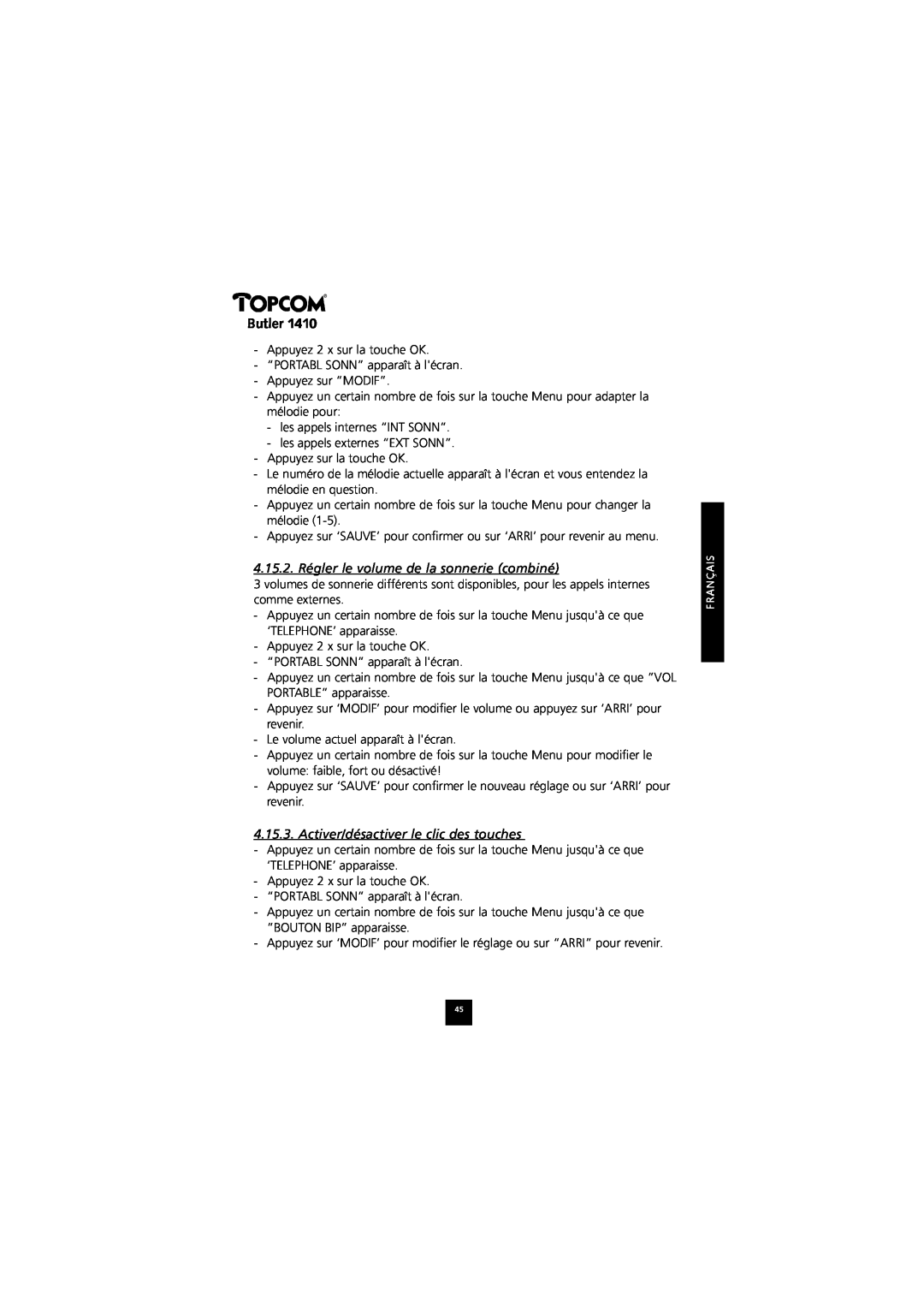 Topcom 1410 manual 4.15.2. Régler le volume de la sonnerie combiné, Activer/désactiver le clic des touches, Butler 