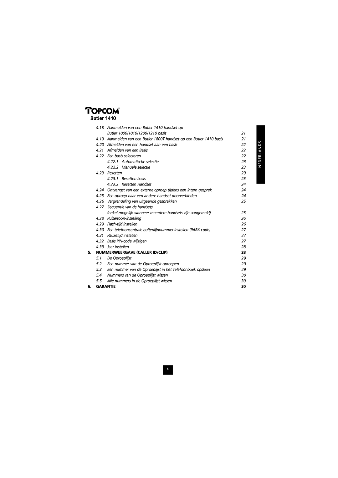 Topcom 1410 manual Butler, Nummerweergave Caller Id/Clip, Garantie 