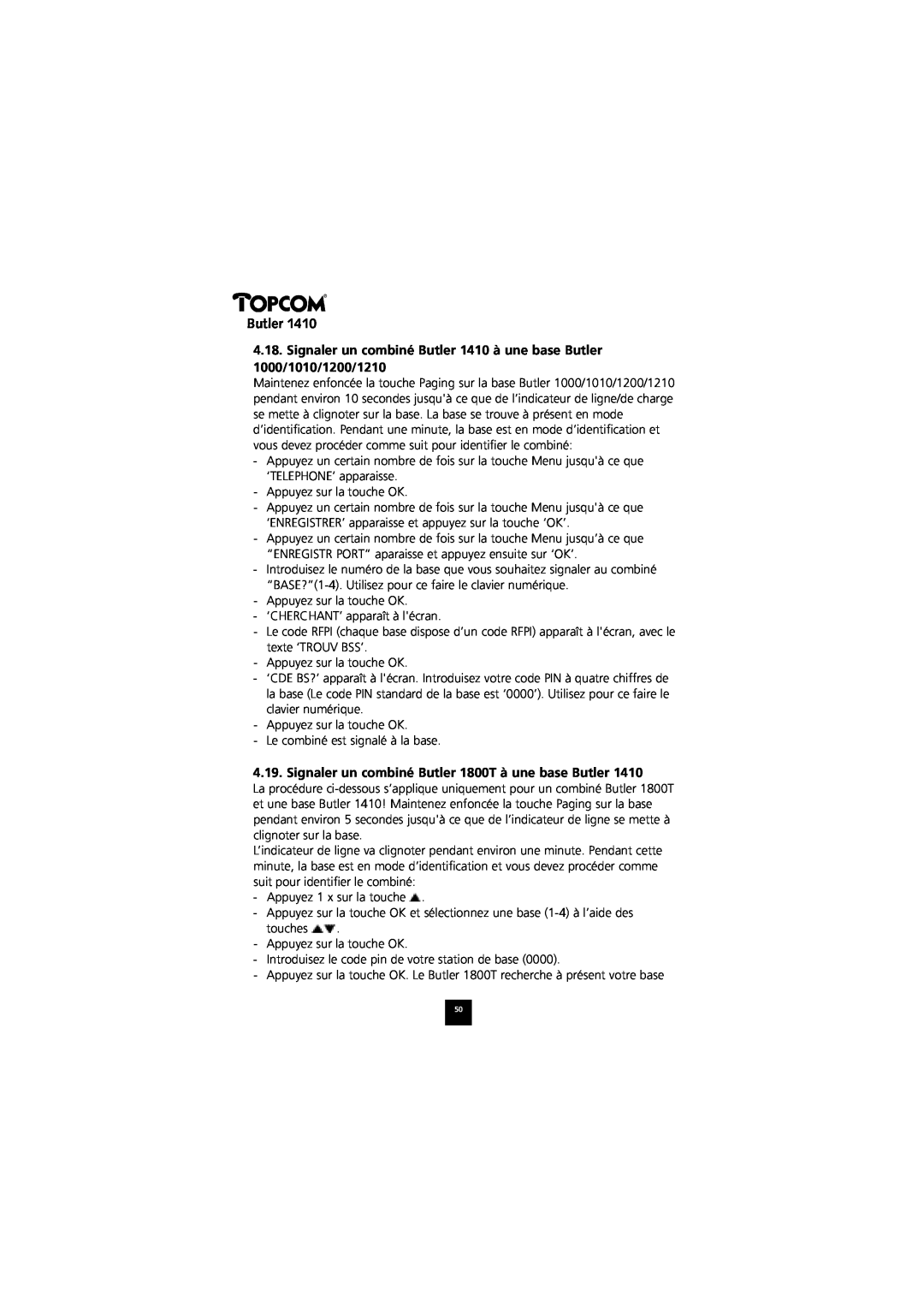 Topcom 1410 manual Signaler un combiné Butler 1800T à une base Butler 